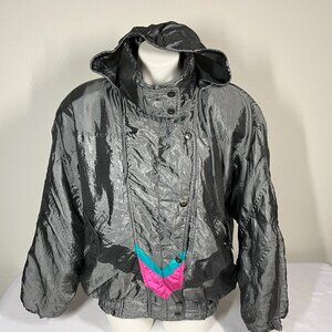 Vintage 1980s Ski Jacket Womens XL Gray Metallic Satin Coat